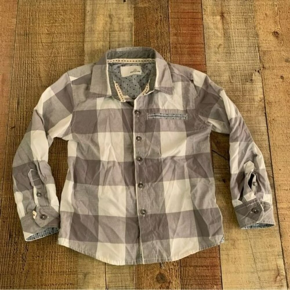 Craft + flow boys gray and white plaid long sleeve button up